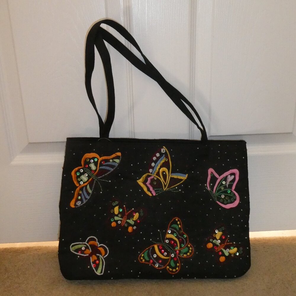 ERMO Collection Black Purse with Beaded Butterflies